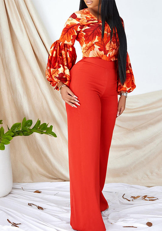 flowersverse Plus Size Women's Fashion Print Lace-Up Top Wide Leg Pants Two-Piece Set