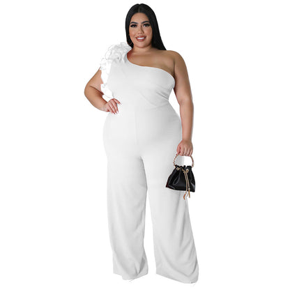 flowersverse Plus Size Ladies One Shoulder Mesh Wide Leg Pants