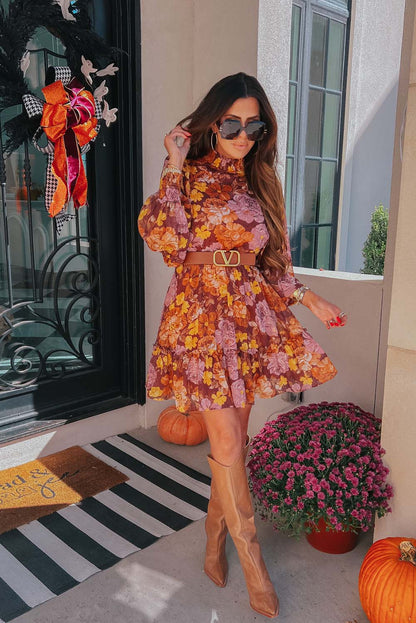 flowersverse Multicolor Shirred High Neck Lace-up High Waist Floral Dress