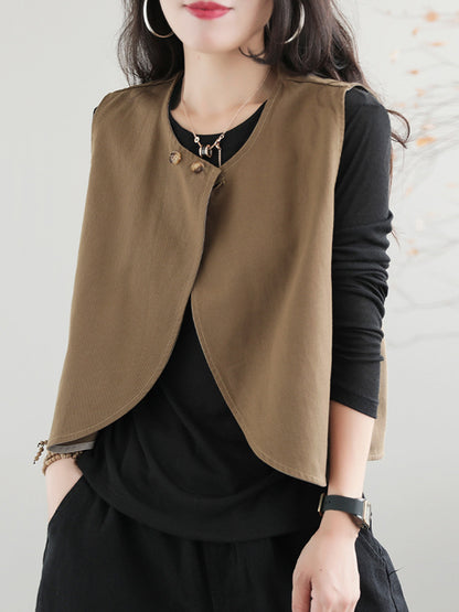 flowersverse Artistic Retro Loose Sleeveless Solid Color Round-Neck Vest Outerwear