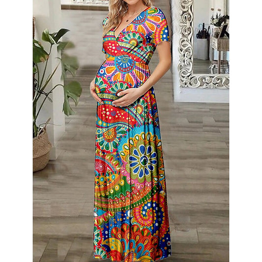 flowersverse Women's Maternity Dress Casual Dress Summer Dress Floral Long Dress Maxi Dress Short Sleeve Print V Neck Romantic Daily Red Spring Summer S M L XL XXL