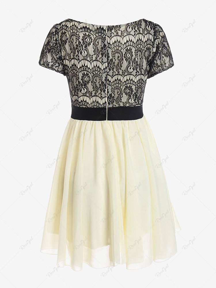 flowersverse Plus Size Lace Panel Chiffon Mini A Line Dress