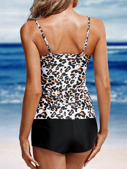 flowersverse Vacation Leopard Printing Scoop Neck Tankinis Two-Piece Set