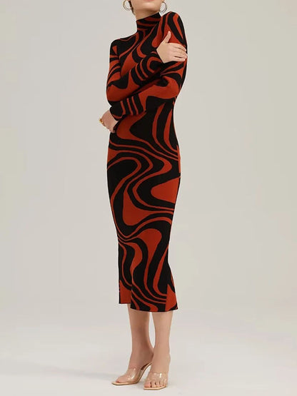 flowersverse Long Sleeves Skinny Contrast Color Printed Split-Back Split-Joint Zipper High Neck Midi Dresses