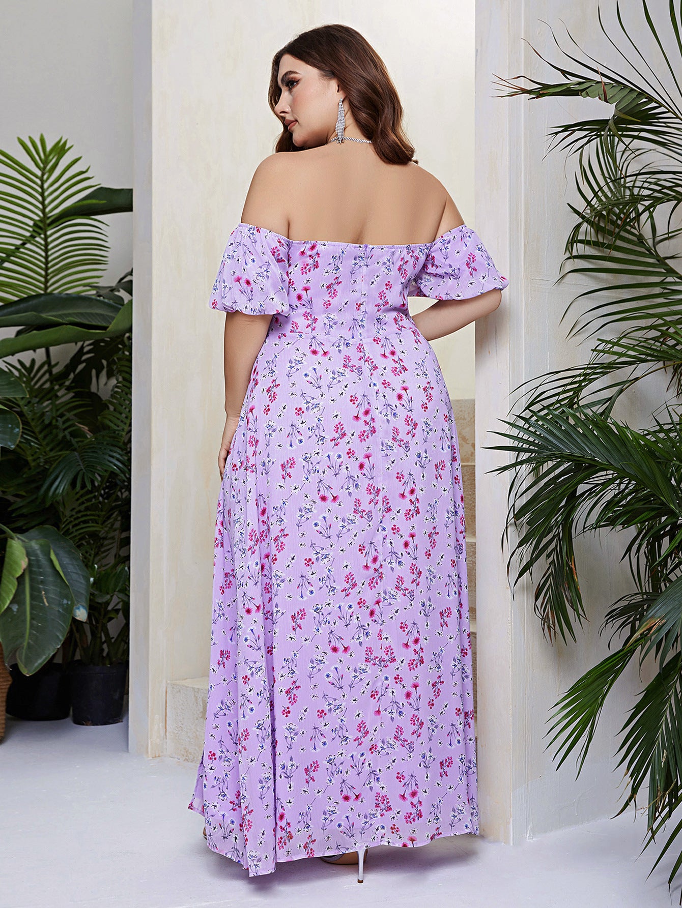 flowersverse Plus Size Women's Strapless Off Shoulder Dress Lace-Up Puff Sleeve Low Back Print Maxi Dress