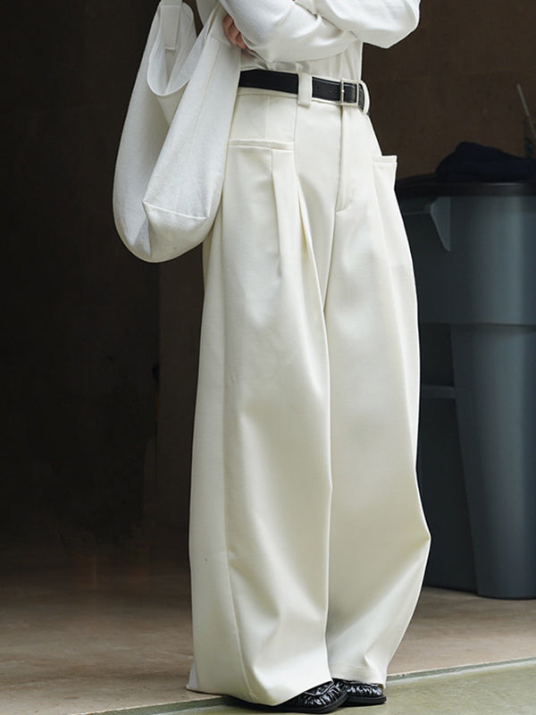 flowersverse Loose Pleated Solid Color Wide Leg Pants Bottoms