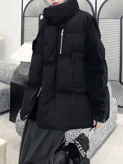 flowersverse Pockets Quilted Solid Color Velvet Zipper Loose Sleeveless Stand Collar Vest Outerwear Padded Coat