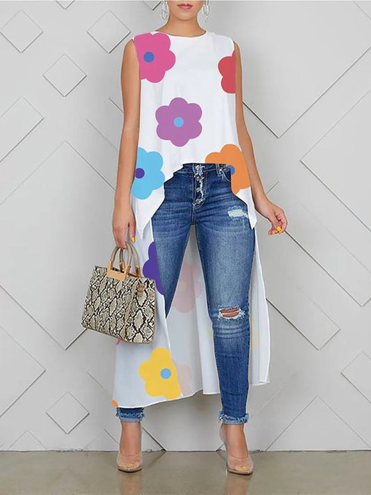 flowersverse High-Low Loose Contrast Color Floral Printed Round-Neck Vest Top