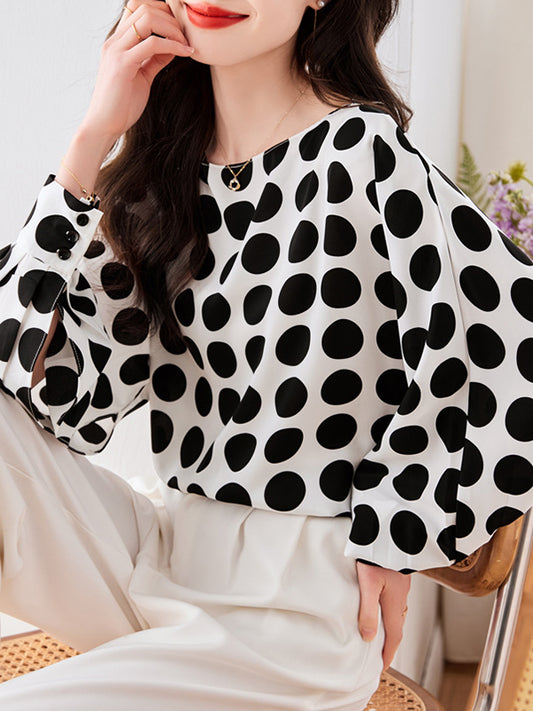 flowersverse Polka-Dot Long Sleeves Loose Round-Neck Blouses&Shirts Tops