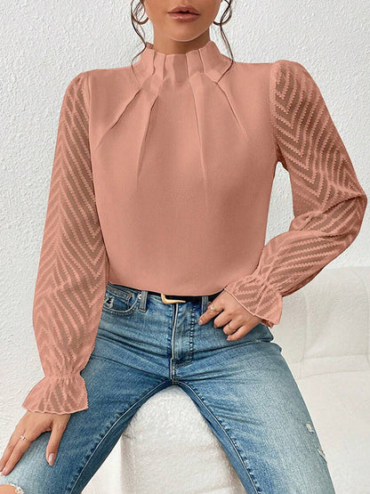 flowersverse Elasticity Mesh Pleated Solid Color Long Sleeves Loose Mock Neck Blouses&Shirts Tops