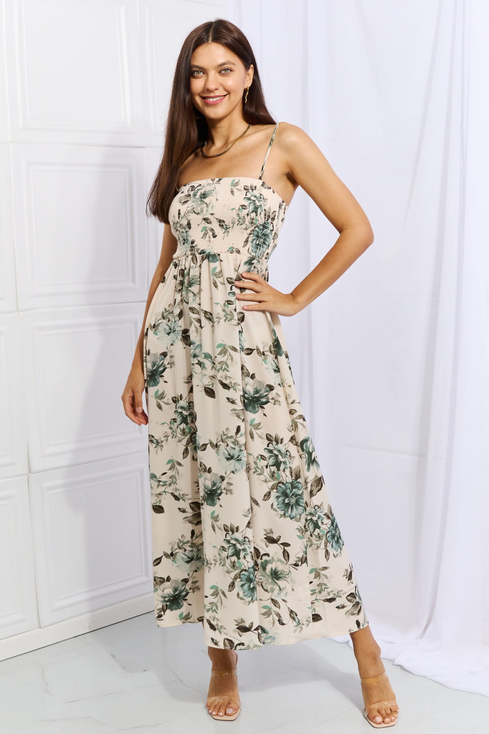 flowersverse Ontheland's Hold Me Tight Sleeveless Floral Sage Maxi Dress