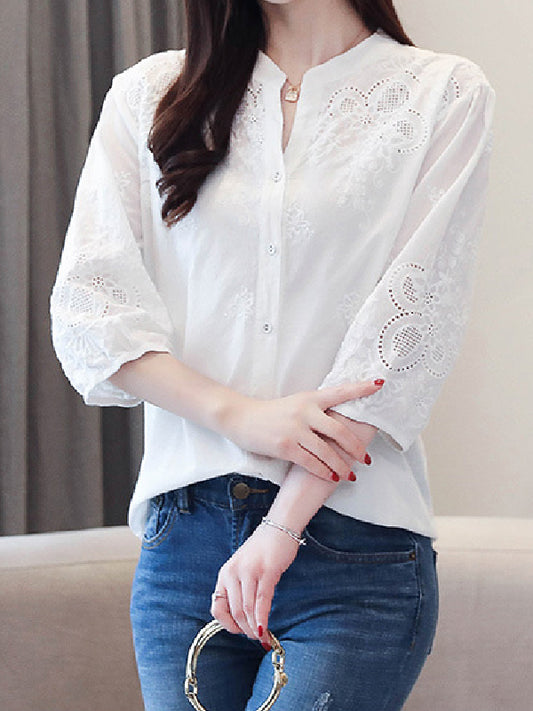 flowersverse Vintage Half Sleeves Hollow Embroidered White Blouse