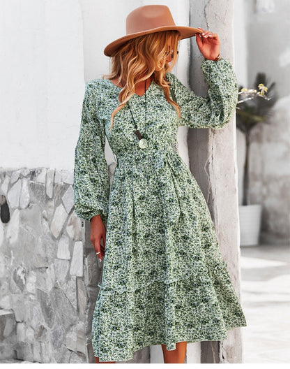 flowersverse Autumn Winter Sexy V Neck Print Dress Women Casual Full Sleeve Bandage Medium Long Floral Dresses High Wasit