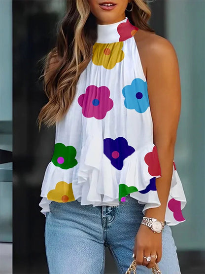 flowersverse Loose Sleeveless Falbala Floral Printed Stand Collar Vest Top