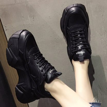 flowersverse Women Platform Sneakers Leather Casual Ladies Chunky Shoes White Woman High Black Fashion Brand Thick soled Wedge Sneakers