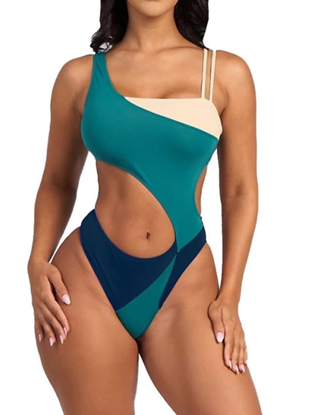 flowersverse Women's Swimwear One Piece Normal Swimsuit Cut Out Printing Color Block Blue Bathing Suits Sports Summer