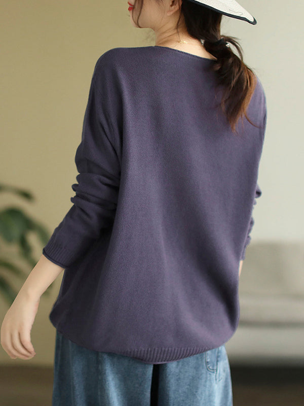 flowersverse Solid Color Long Sleeves Loose V-Neck Sweater Tops