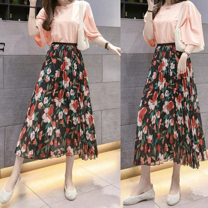 flowersverse  Fashion Women Floral Pleated Boho Midi Skirt High Waist Ladies Casual Summer Party Cocktail Wrap Skirt Sundress