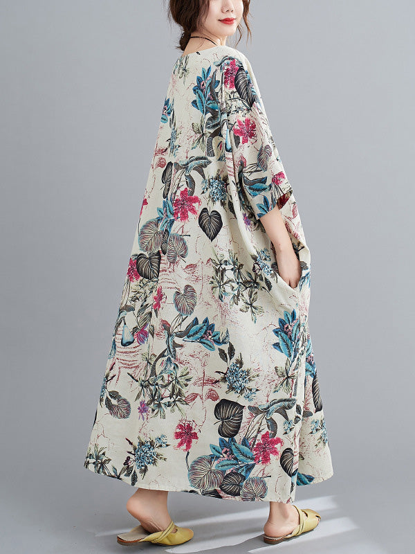 flowersverse Vintage Floral Round-Neck Dress