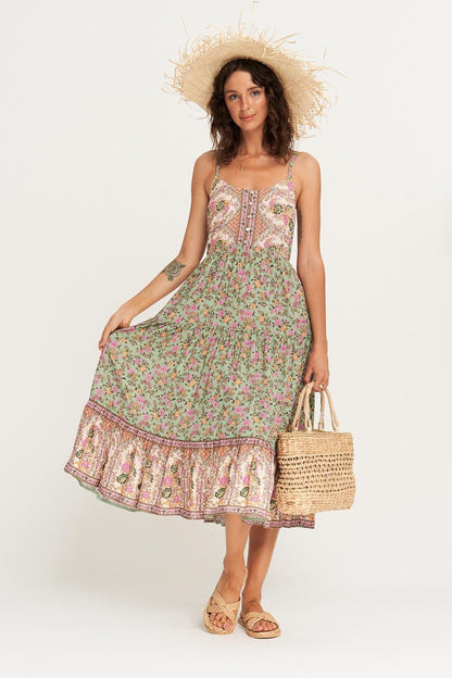 flowersverse Bohemian Long Sling Floral High Waist Dress Girl