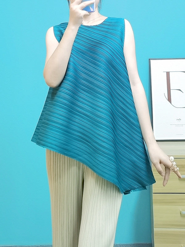 flowersverse Pleated Solid Color Irregular Clipping Loose Round-Neck Vest Top