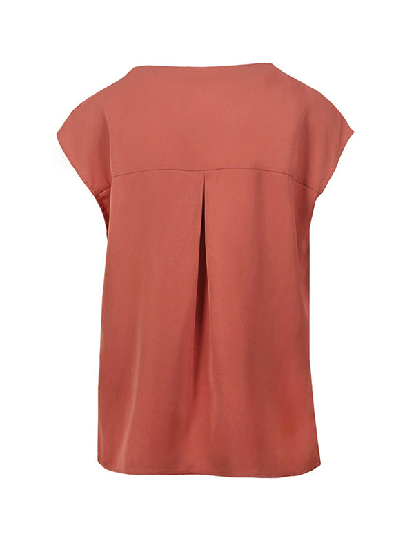 flowersverse Buttoned Solid Color Cap Sleeve Loose V-Neck Blouses&Shirts Tops