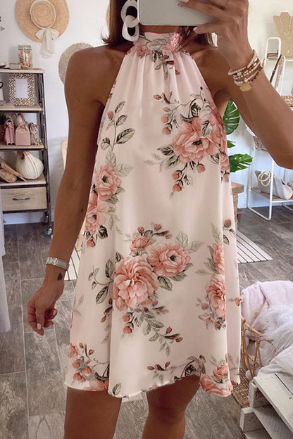 flowersverse Sexy Floral Frenulum Backless Halter Printed Dress Dresses