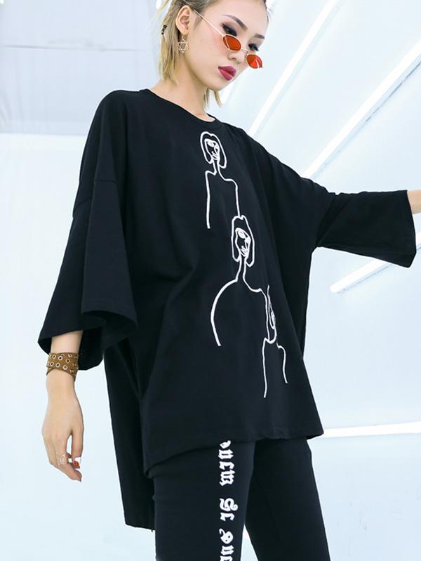 flowersverse Embroidered Black&White Loose Round-Neck T-Shirt