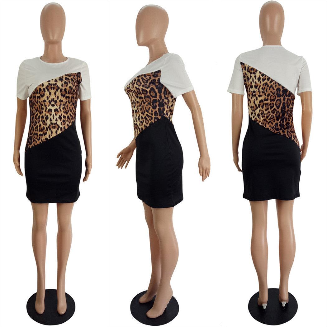 flowersverse Womens Casual Style Leopard Color Block Patchwork Dress