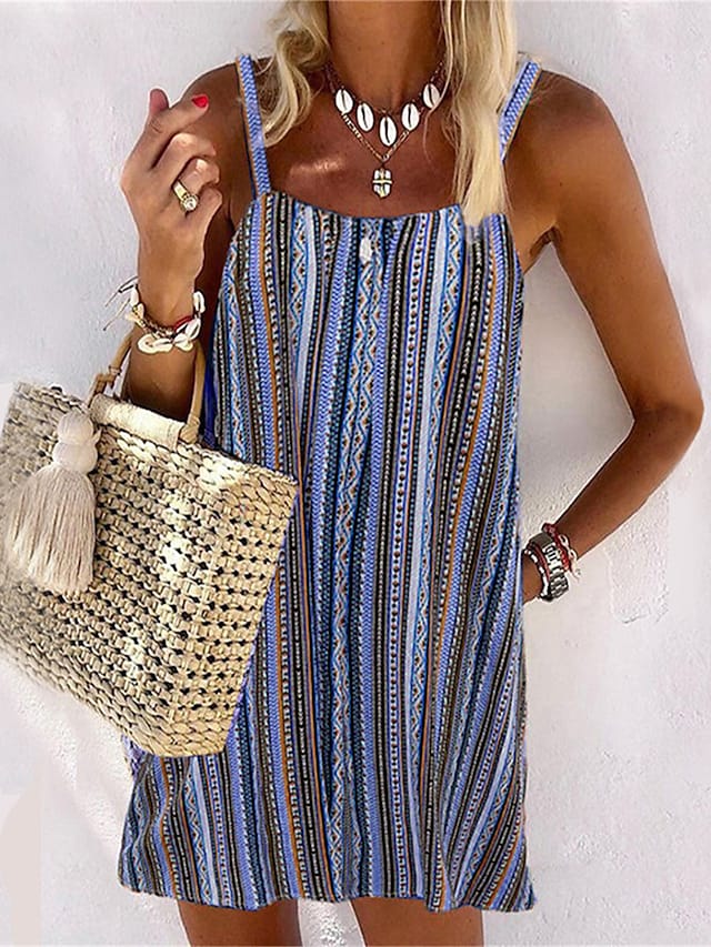 flowersverse Women's Casual Dress Shift Dress Tank Dress Stripe Pocket Print Square Neck Mini Dress Fashion Streetwear Outdoor Daily Sleeveless Loose Fit Blue Purple Brown Spring Summer S M L XL XXL