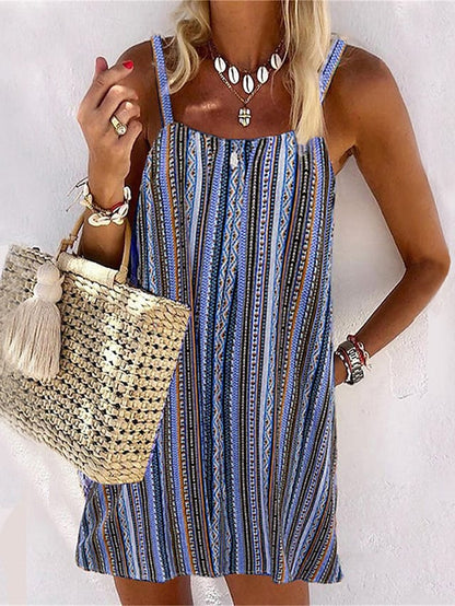 flowersverse Women's Casual Dress Shift Dress Tank Dress Stripe Pocket Print Square Neck Mini Dress Fashion Streetwear Outdoor Daily Sleeveless Loose Fit Blue Purple Brown Spring Summer S M L XL XXL