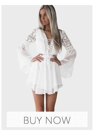 flowersverse Hollow Out Chiffon Dress Cross Bandage Lace V-Neck Long Sleeve Dress