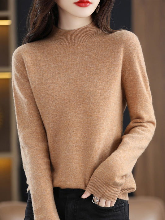 flowersverse Casual Long Sleeves Solid Color Half Turtleneck Sweater Tops