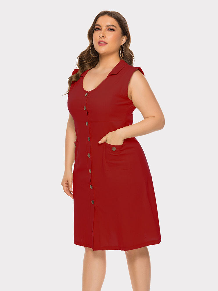 flowersverse Plus Size Sleevelss Buttons Midi Dress