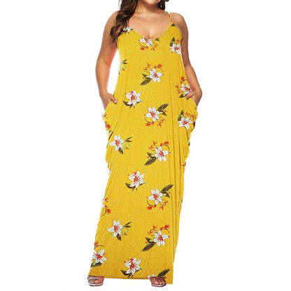 flowersverse Women's Plus Size Casual Dress Shift Dress Slip Dress Leopard Floral Long Dress Maxi Dress Sleeveless Pocket Print Strap Fashion Daily Light Yellow Black Spring Summer XL XXL 3XL