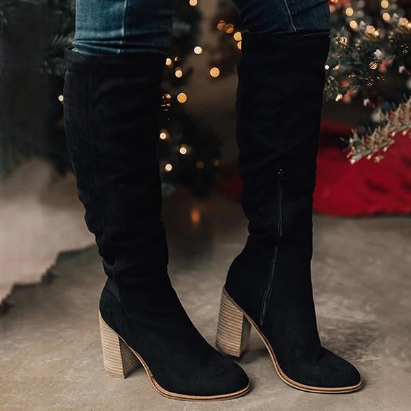 flowersverse Winter Women Boots Solid Square Knee-High With Heels Ladies Boots