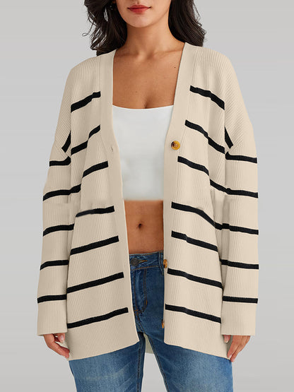 flowersverse Split-Joint Striped Long Sleeves Loose V-Neck Cardigan Tops