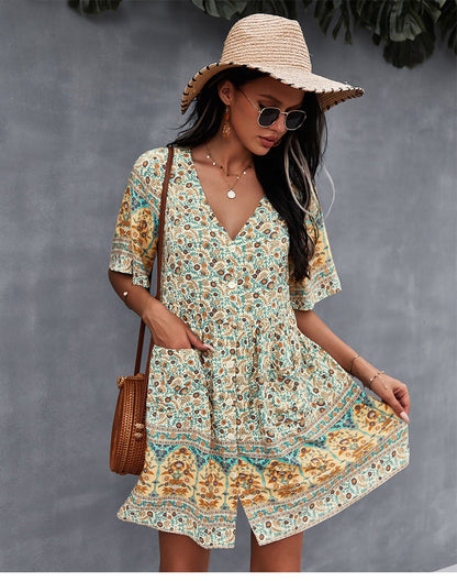 flowersverse Floral Print Summer Short Dress Women Casual V Neck Bohemian Short Sleeve Dress For Woman Fashion Sexy Spring Dress