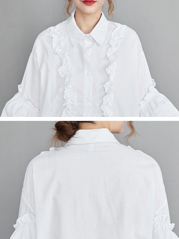 flowersverse Casual Loose Long Sleeves Buttoned Ruffled Solid Color Lapel Collar Blouses&Shirts Tops