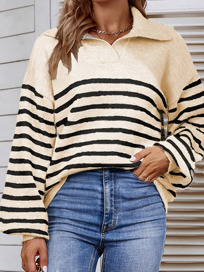 flowersverse Casual Long Sleeves Loose Striped Lapel Collar Sweater Tops