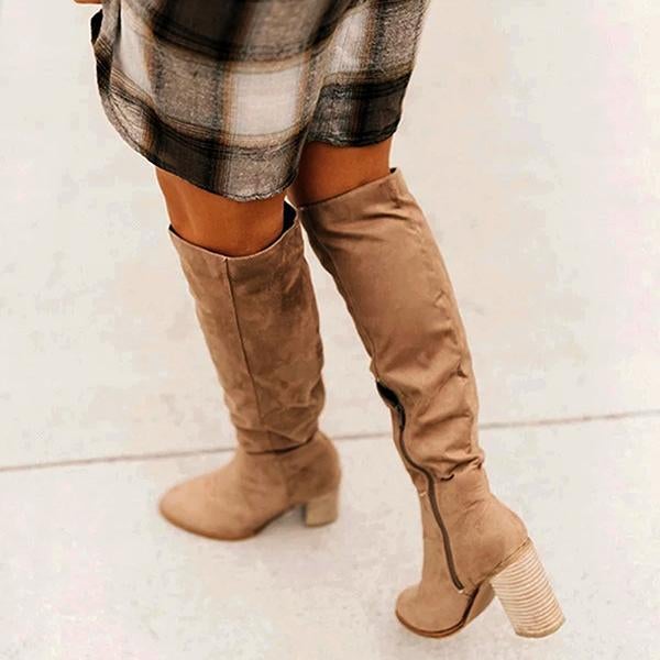 flowersverse Winter Women Boots Solid Square Knee-High With Heels Ladies Boots