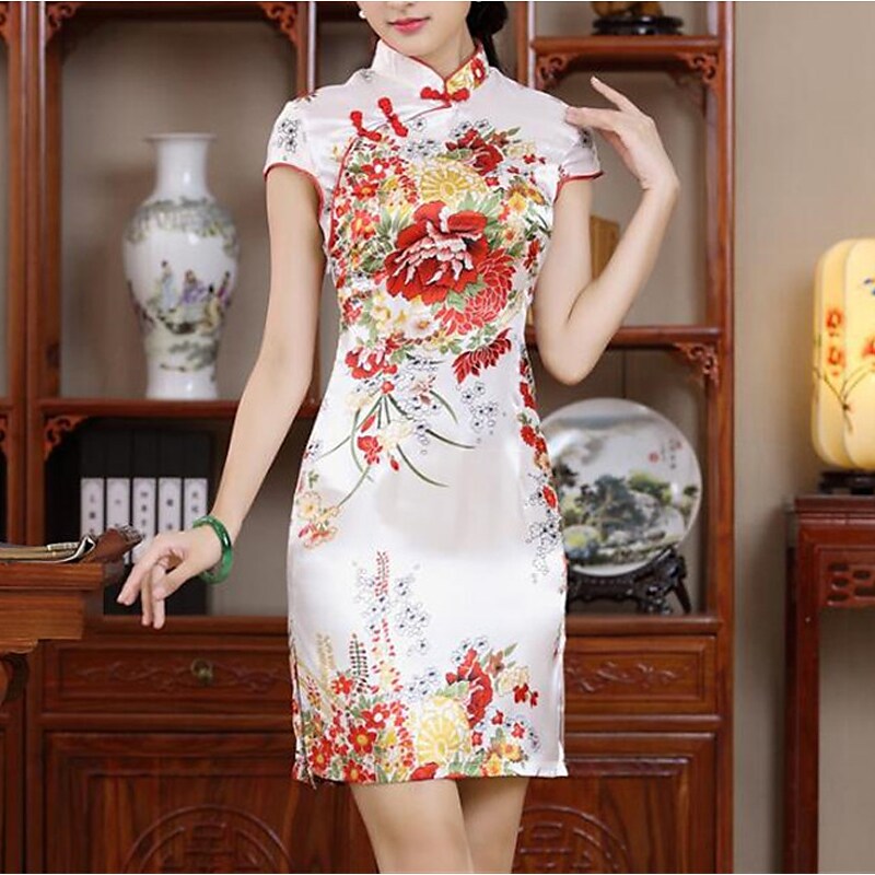 flowersverse Women's Semi Formal Dress Sheath Dress Cheongsam Dress Mini Dress Black White Red Short Sleeve Floral Split Summer Spring Mandarin Collar Elegant Wedding Guest Spring Dress Slim  S M L XL XXL