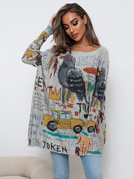 flowersverse Casual Long Sleeves Loose Cartoon Printed Contrast Color Round-Neck Sweater Tops