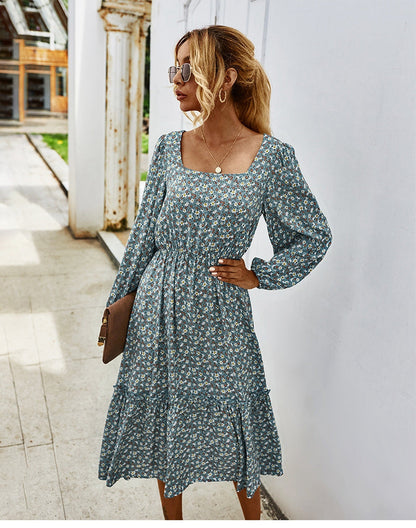 flowersverse Retro Ladies Square Collar Floral Long Dress Autumn Winter Women High Waist Full Sleeve Elegant Chic Dress