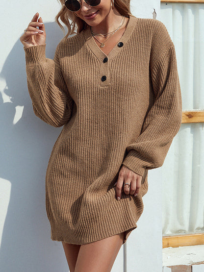 flowersverse Casual Puff Sleeves Solid Color V-Neck Sweater Dresses