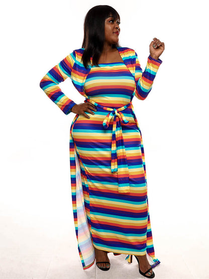 flowersverse Plus Size Two Piece Rainbow Open Front Cardigan Dresses Sets