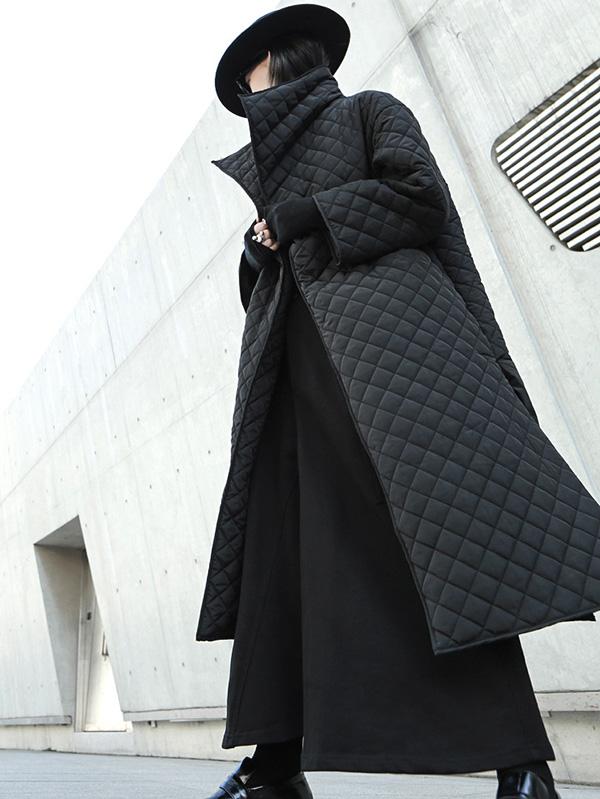 flowersverse Black Rhombic Split-Side High Collar Long Coat