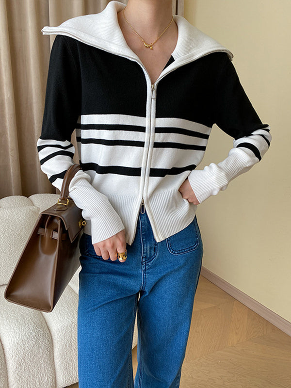 flowersverse Contrast Color Striped Zipper Long Sleeves Loose Lapel Cardigan Tops