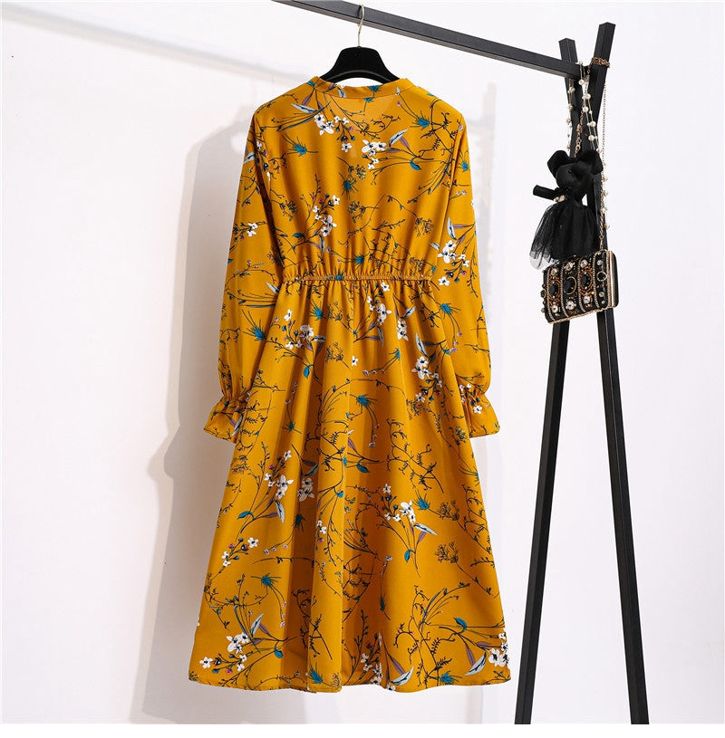 flowersverse Autumn Winter Ladies Chiffon High Elastic Waist Women Bow Aline Full Sleeve Flower Print Floral Party Dress Female Vestido