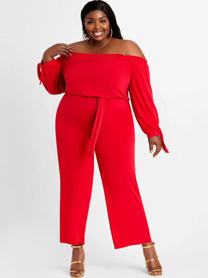 flowersverse Plus Size Off Shoulder Long Sleeve Long Pants Jumpsuits